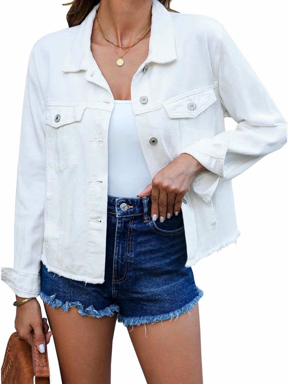 Classic White Denim Jacket - Women's Casual Button-Up